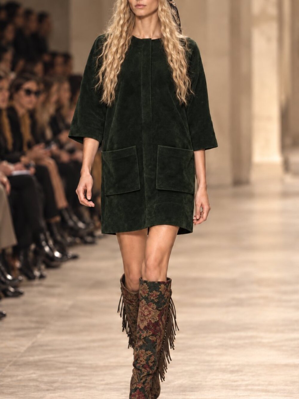 Isabel Marant Med Suede Mini Dress Green Patch Pockets 3/4 front zip Goat Suede